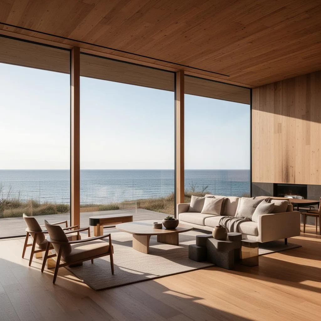 Luxuriöser Wohnbereich mit Panoramafenster und Blick auf den Atlantik